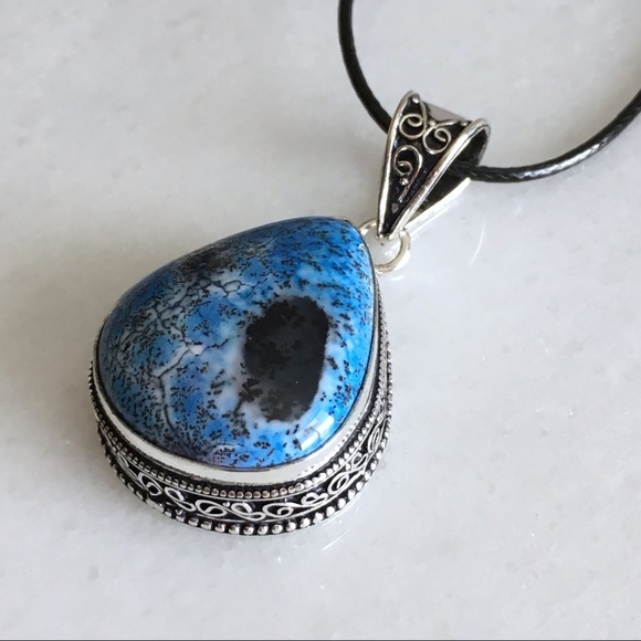 New Blue Dendritic Opal Stone Silver Overlay Pendant Necklace 19” - Picture 2 of 7
